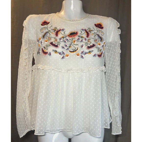 ZARA Trafaluc Collection Boho Top Embroidered Floral Peplum Ruffled Size Small - Picture 10 of 15